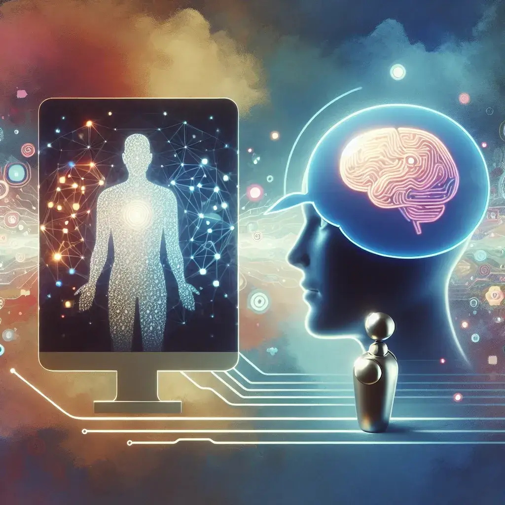 "Imagen de un asistente virtual especializado en salud mental, mostrando una interfaz de terapia cognitiva automatizada en pantalla, simbolizando el uso de tecnología en la salud mental."