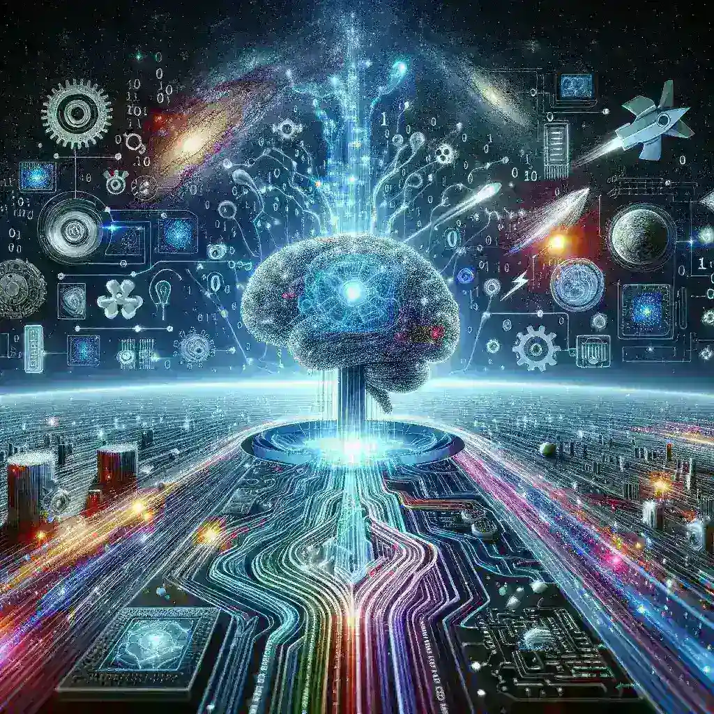 "Ilustración de IA generativa impulsando la innovación digital, mostrando un esquema de algoritmos y gráficos de datos, representando el futuro de la tecnología en el sector digital."