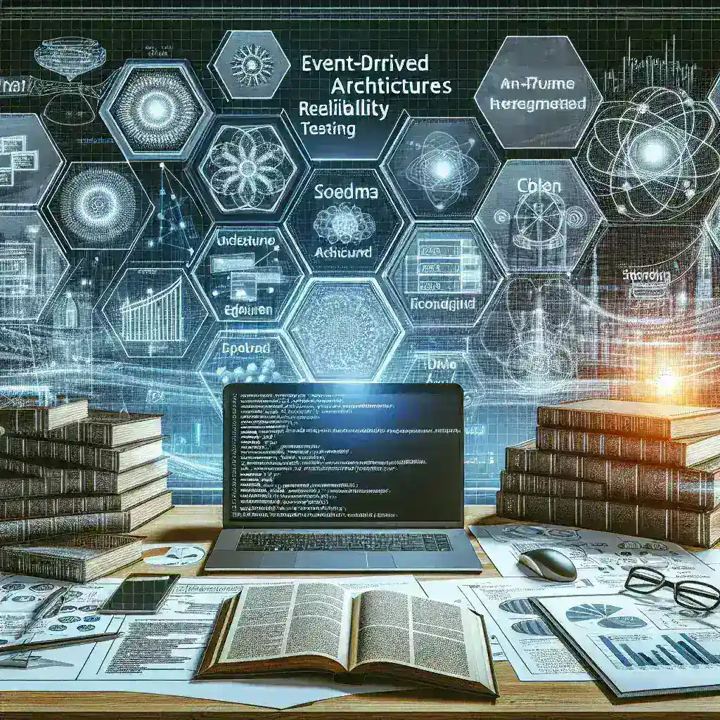 "Imagen de un ingeniero de software utilizando herramientas de pruebas de fiabilidad en un entorno de arquitectura event-driven, ilustrando las mejores prácticas y tecnologías de 2024 en el desarrollo de aplicaciones escalables."