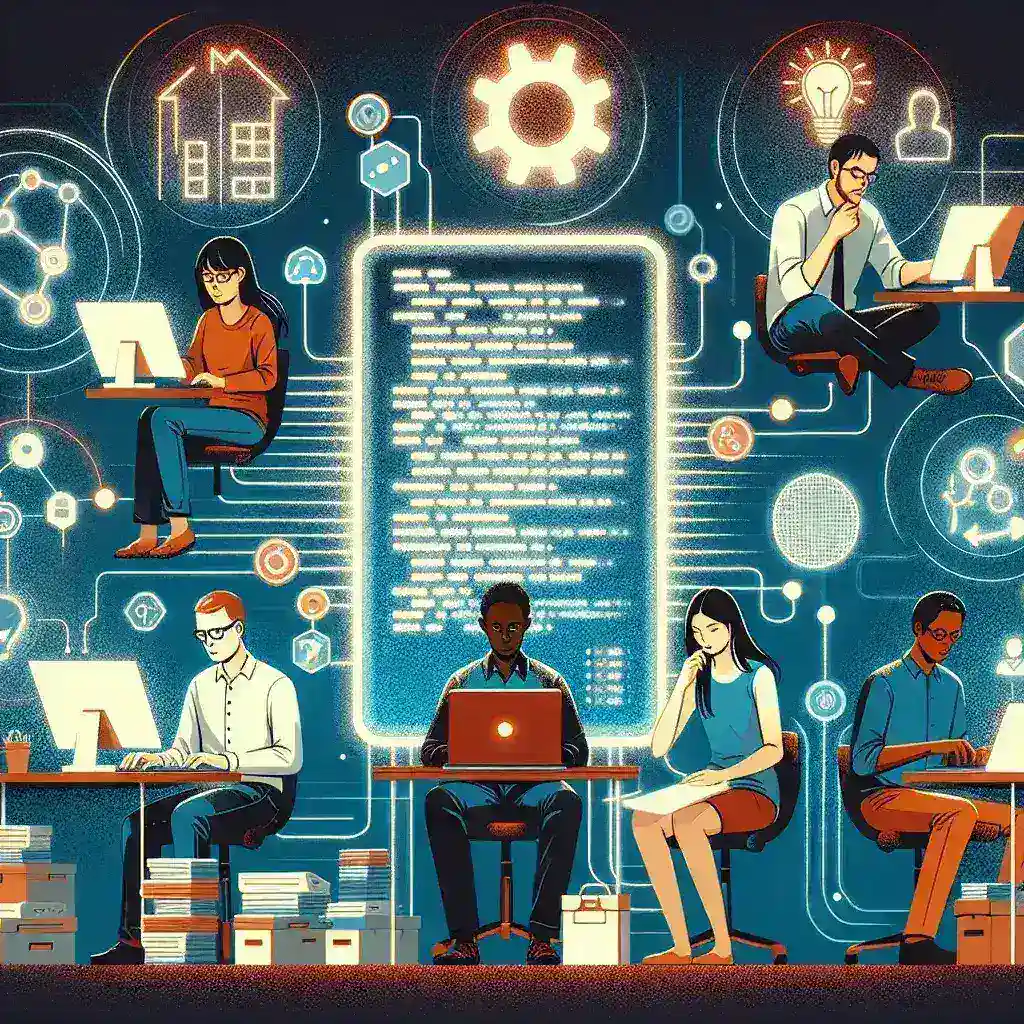 "Imagen que muestra una computadora con múltiples ventanas abiertas de herramientas de gestión de código, simbolizando la eficiencia en el manejo de múltiples repositorios de código para desarrolladores. Incluye logotipos de software popular y gráficos representativos de organización y colaboración en proyectos de programación."